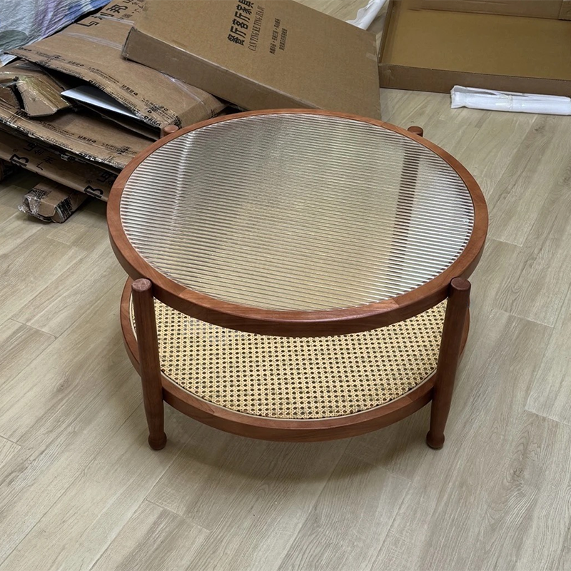Modern Minimalist Round Solid Wood Tempered Glass PVC Rattan Weaving Coffee Table 2-Tier For Living Room
