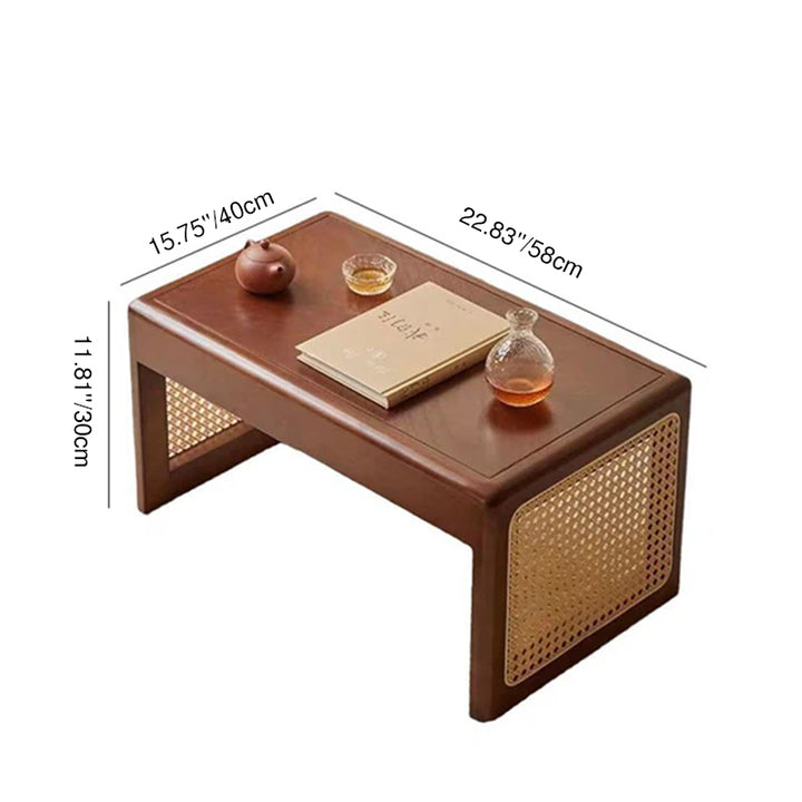 Traditional Japanese Rattan Solid Wood Hollow Rectangular End Table 1-Tier For Living Room
