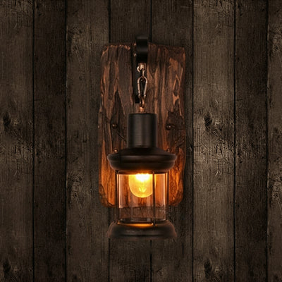 Glass Iron Wooden Base 1-Light Cylinder Sconce Lamp