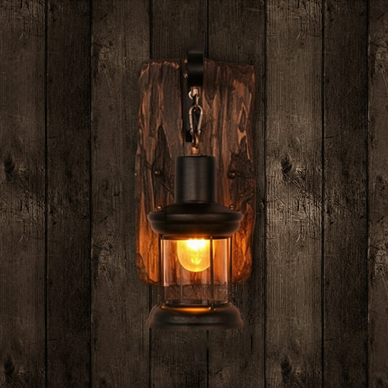 Glass Iron Wooden Base 1-Light Cylinder Sconce Lamp