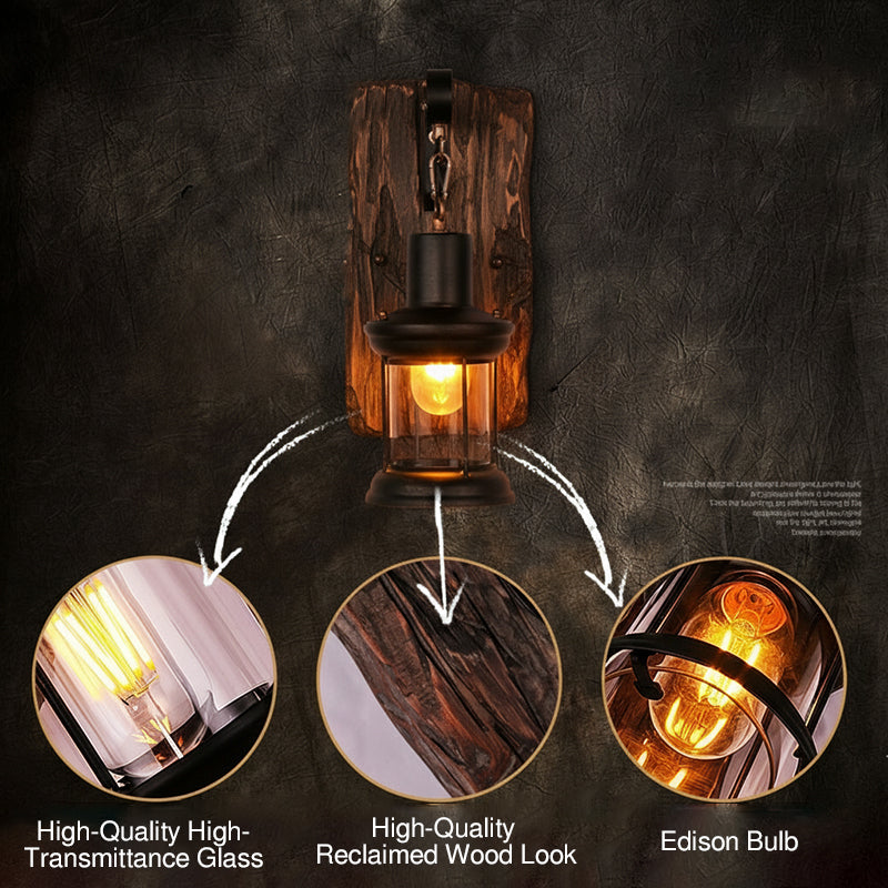 Glass Iron Wooden Base 1-Light Cylinder Sconce Lamp