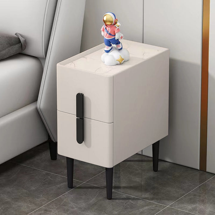 Table de chevet moderne de luxe rectangulaire en bois massif, contreplaqué, pin, dalle de pierre, cuir synthétique, à 2 tiroirs pour chambre à coucher 