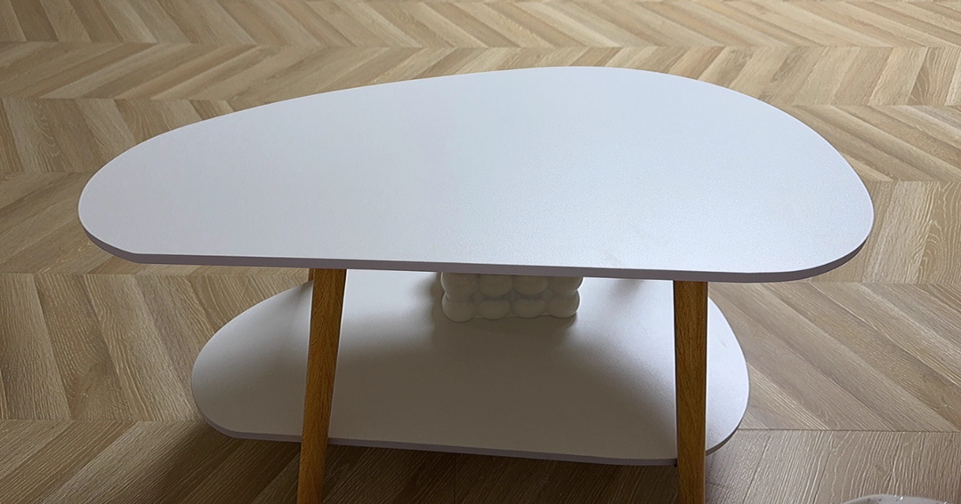 Table basse en MDF aspect bois en forme de mangue, à 2 niveaux, pour salon 