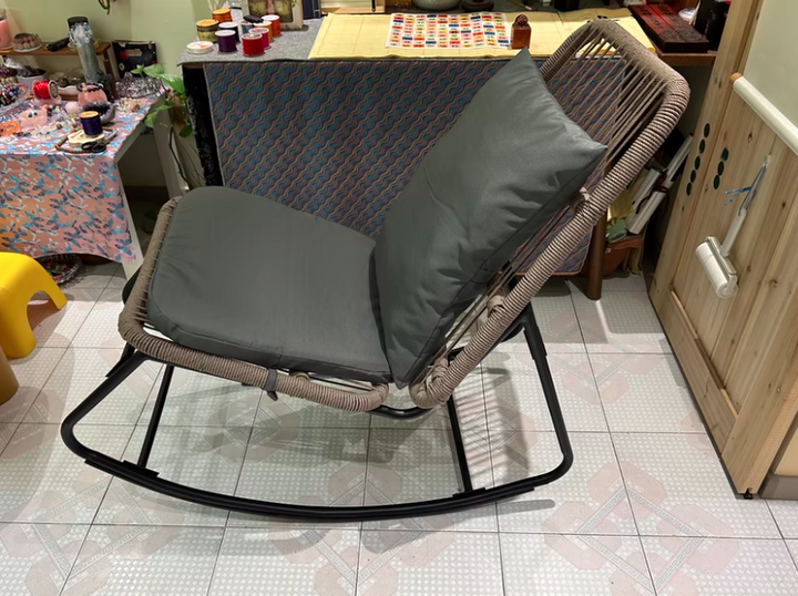 Contemporary Boho Arc PE Rattan Alloy Steel Weaving Rocking Chair Patio Chair With Pillow Cushion For Balcony