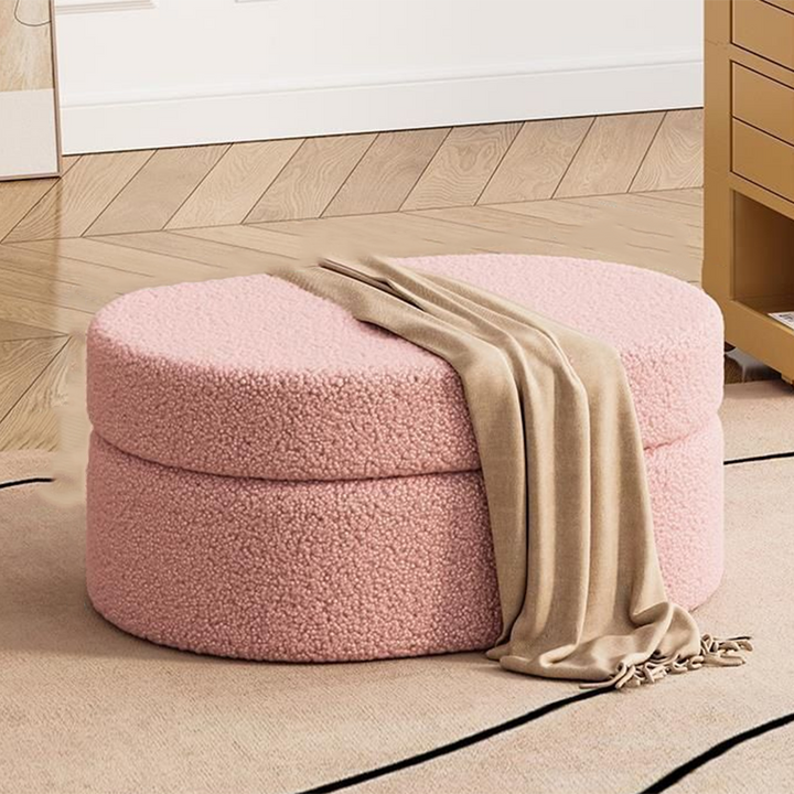 Modern Minimalist Sherpa Fabric Solid Wood Frame MDF Oval Low Stool With Hidden Storage For Entryway