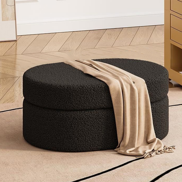 Modern Minimalist Sherpa Fabric Solid Wood Frame MDF Oval Low Stool With Hidden Storage For Entryway