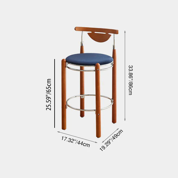 Modern Minimalist Round Solid Wood Plywood Wrought Iron Bar Stool With Backrest Footrest - Beech Wood Legs, Upholstered Sponge Cushions For Dining Room &amp; Kitchen