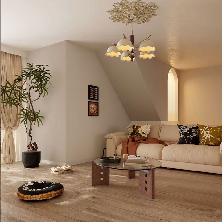 Moderner minimalistischer Couchtisch aus gehärtetem Glas, Edelstahl und massivem Holz mit ovaler Form und perforiertem Sockel, einlagiger Tisch für das Wohnzimmer 
