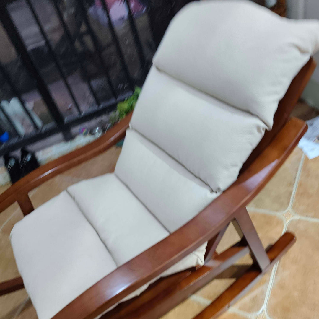 Modern Minimalist Walnut Wood Rubberwood Linen Ergonomic Backrest Rocking Chair With Armrests For Living Room And Bedroom