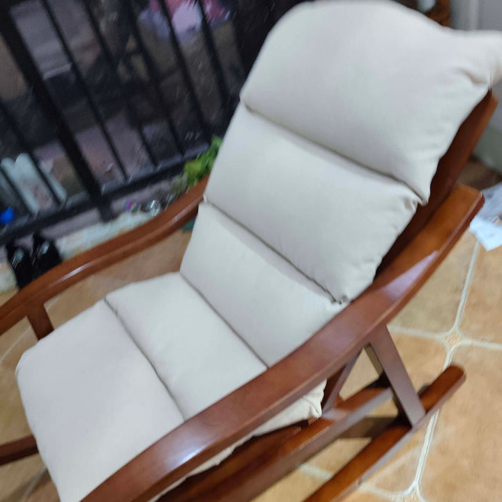 Modern Minimalist Walnut Wood Rubberwood Linen Ergonomic Backrest Rocking Chair With Armrests For Living Room And Bedroom