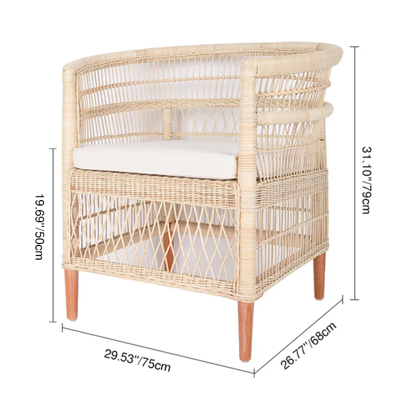 Zeitgenössischer nordischer handgewebter natürlicher Rattan-Akzentstuhl mit rundem Rückenteil - Atmungsaktiver Indoor- &amp; Outdoor-Loungesessel für Balkon &amp; Garten 