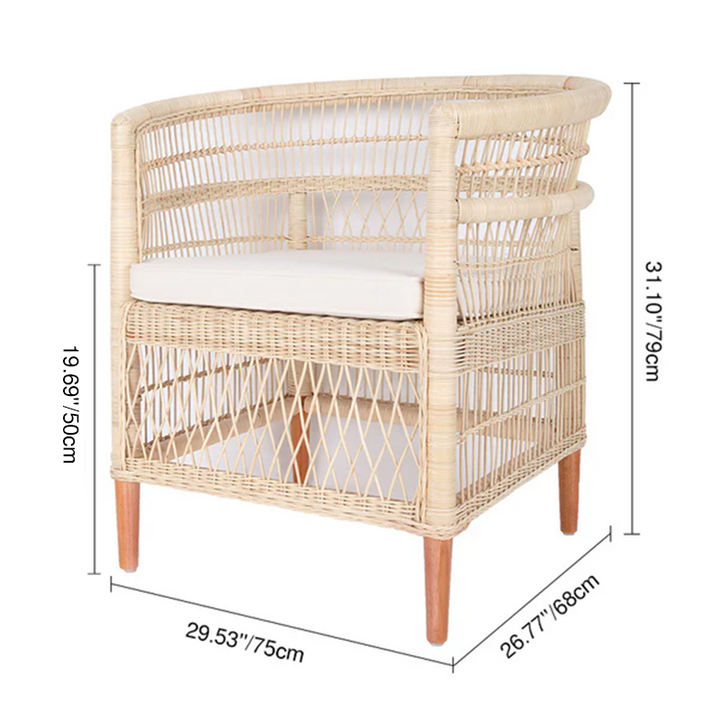 Chaise d'appoint contemporaine nordique en rotin naturel tissé à la main avec dossier rond - chaise lounge respirante pour intérieur et extérieur, pour balcon et jardin 