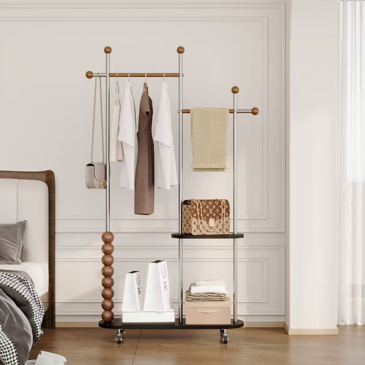 Arbre d’entrée ovale autoportant moderne minimaliste en acier inoxydable/acier carbone et contreplaqué, avec double barre de suspension pour chambre 
