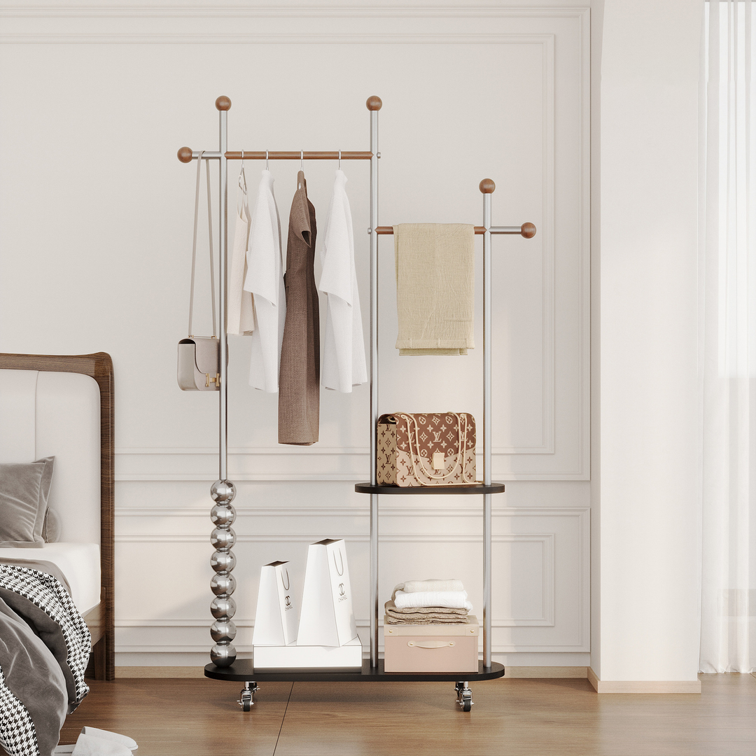 Arbre d’entrée ovale autoportant moderne minimaliste en acier inoxydable/acier carbone et contreplaqué, avec double barre de suspension pour chambre 