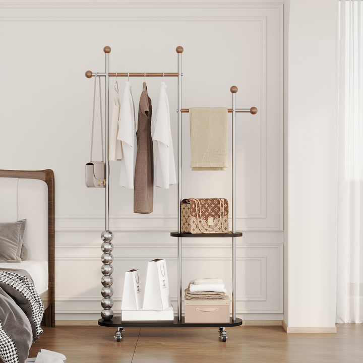 Arbre d’entrée ovale autoportant moderne minimaliste en acier inoxydable/acier carbone et contreplaqué, avec double barre de suspension pour chambre 