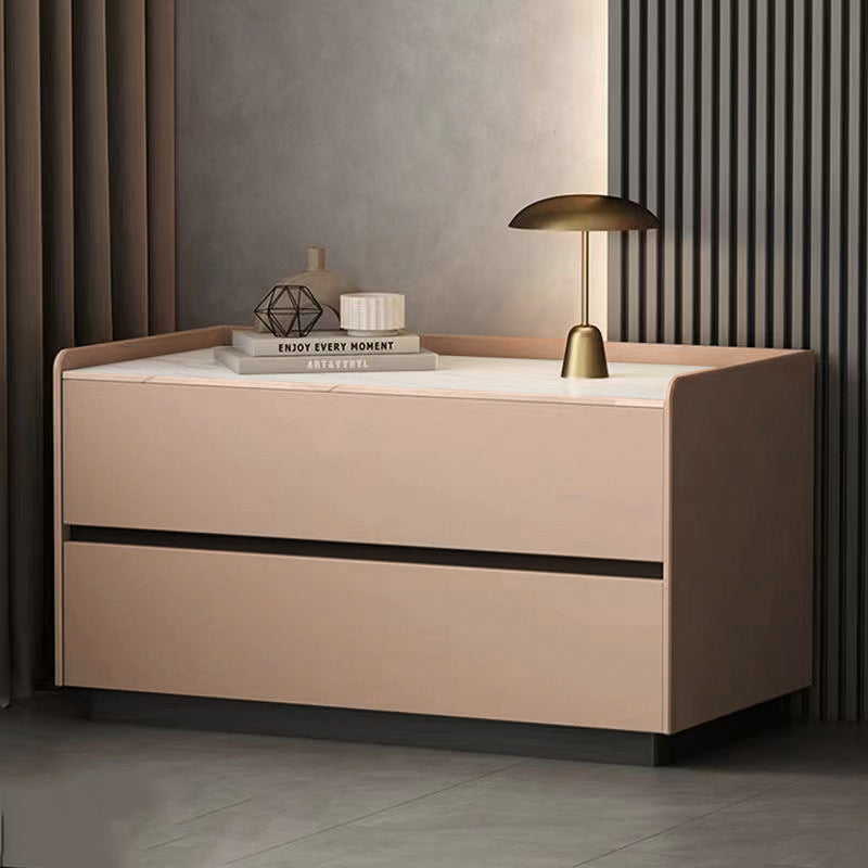 Modern Minimalist Slab Solid Wood &amp; Microfiber Leather Rectangular Nightstand With 2 Drawers For Bedroom