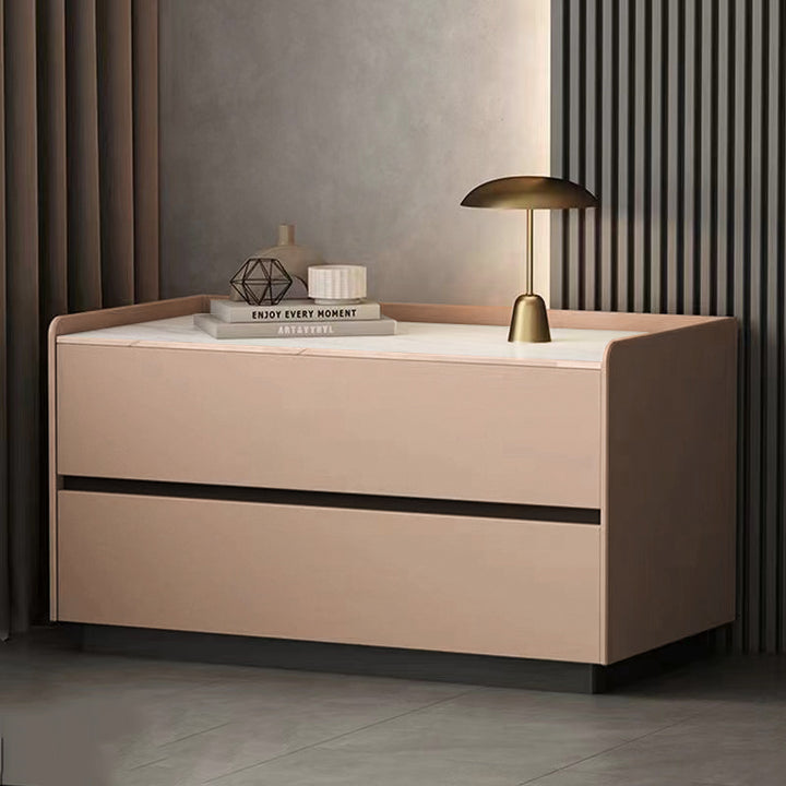 Modern Minimalist Slab Solid Wood &amp; Microfiber Leather Rectangular Nightstand With 2 Drawers For Bedroom