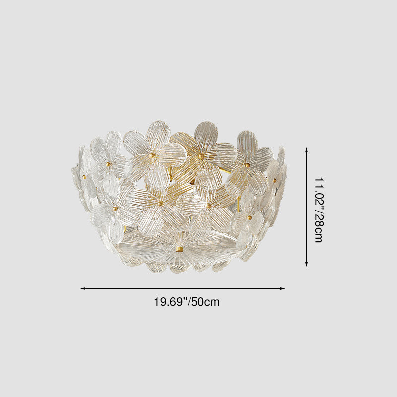 Traditional French Semicircle Round Flower Brass Glass 4-Light Flush Mount Ceiling Light For Living Room