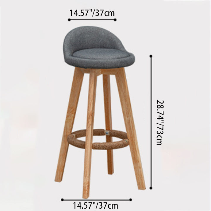 Taburete de bar giratorio contemporáneo nórdico de madera de caucho redonda con respaldo bajo tapizado y reposapiés para comedor 