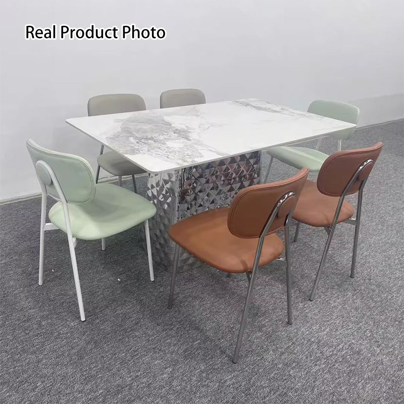 Chaise de salle à manger contemporaine nordique rectangulaire triangulaire en cuir microfibre et acier au carbone, sans accoudoirs, avec dossier, pour salle à manger et cuisine 