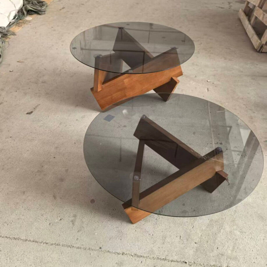 Modern Minimalist Solid Wood Plywood &amp; Tempered Glass Round Mortise Base Coffee Table For Living Room