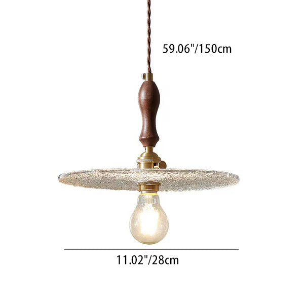 Zeitgenössische Vintage Runde Scheibe Kupfer Holz Glas 1-Licht Pendelleuchte für Wohnzimmer 