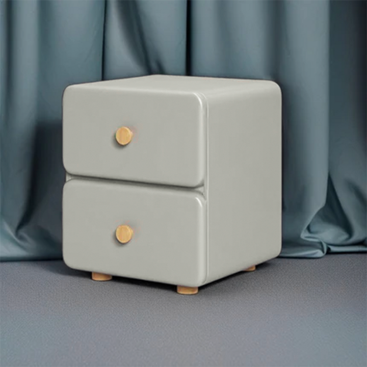 Moderner minimalistischer cremefarbener rechteckiger quadratischer organischer Leder-Nachttisch aus Massivholz &amp; Sperrholz mit 2 Schubladen für das Schlafzimmer 