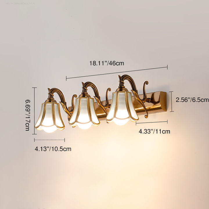 Traditional European Brass Finish Frame Flower Shade 3-Light Bathroom Vanity Mirror Front Wall Sconce Lamp For Bathroom