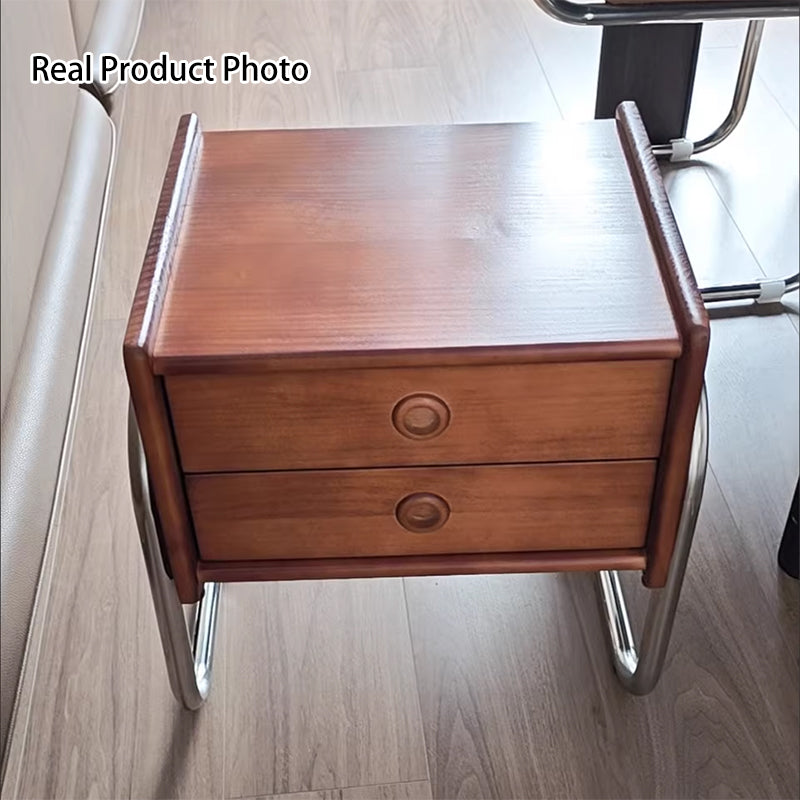 Table de chevet contemporaine rétro rectangulaire en chêne, cadre en acier inoxydable, 2 tiroirs pour chambre à coucher 