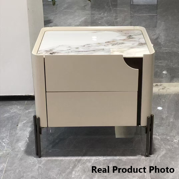 Contemporary Scandinavian Hidden Handle Asymmetry Bedside Table - 2 Drawers Titanium Alloy Base Nightstand For Bedroom