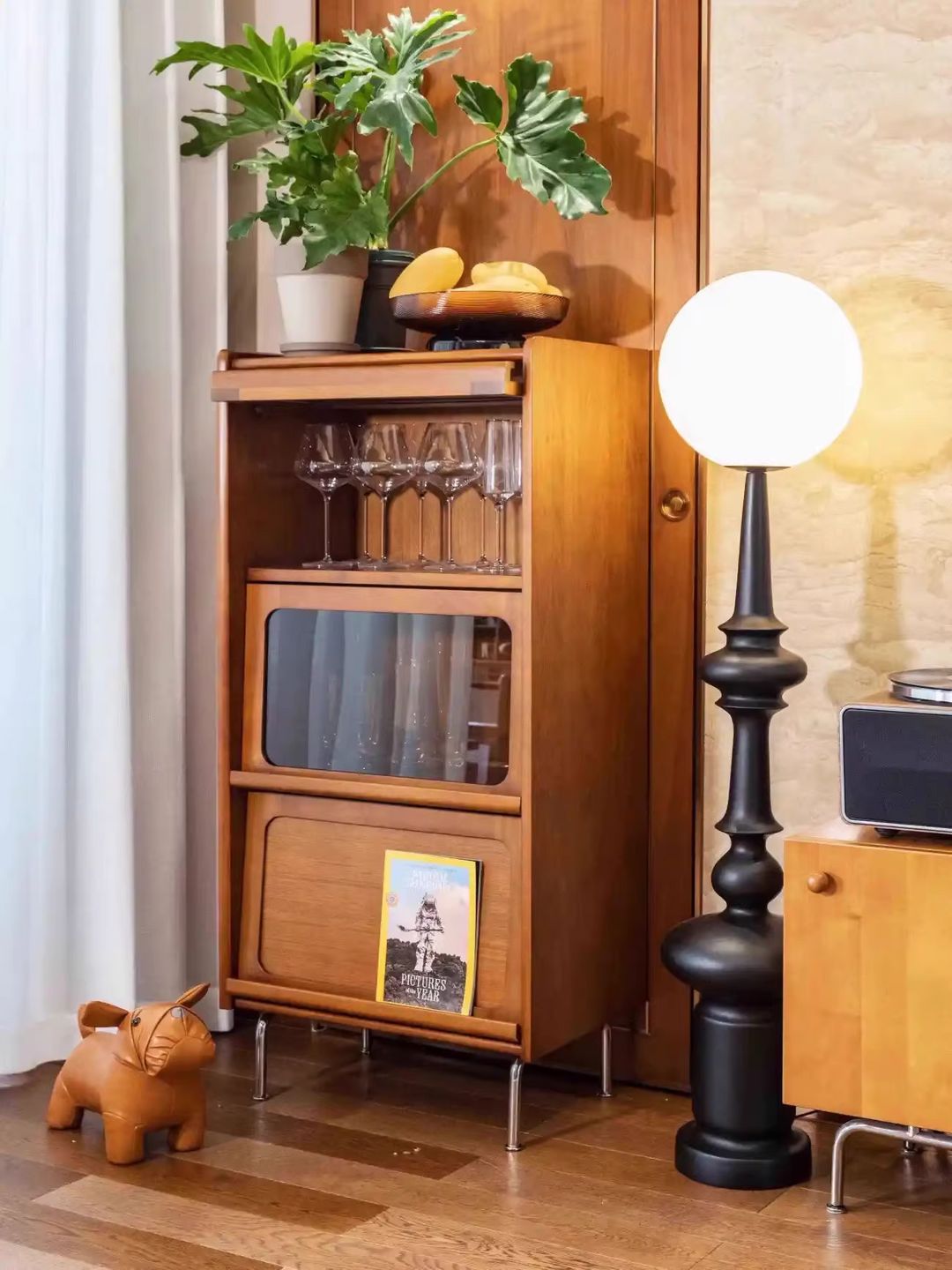 Contemporary Retro Square Tempered Glass Stainless Steel Solid Wood Corner Bookcase 3-Storage For Living Room
