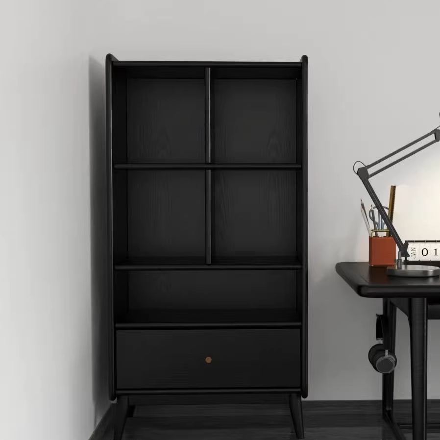 Zeitgenössisches nordisches rechteckiges schwarzes Ausstellungsregal aus Massivholz mit 1 Schublade für das Wohnzimmer 