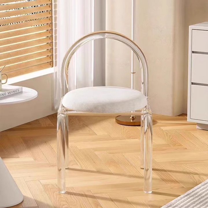 Moderner minimalistischer runder Schminkhocker aus Samt und Acryl mit Rückenlehne für das Schlafzimmer 