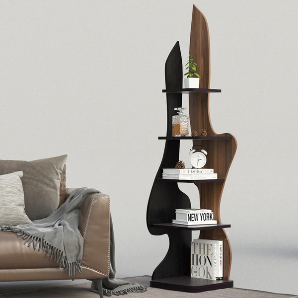 Étagère d'angle de présentation moderne minimaliste en panneau de particules effet bois massif avec 5 niveaux de rangement pour salon et bureaux à domicile 