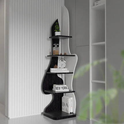 Moderner minimalistischer Eck-Präsentationsständer aus Spanplatte mit 5-stufigem Stauraum für Wohnzimmer und Homeoffice 