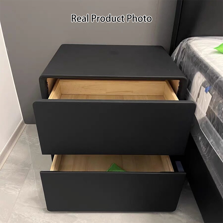 Modern Minimalist Rectangular Medium Density Fiberboard Cat-Scratch-Resistant Leather Solid Wood Nightstand 2-Drawer For Bedroom