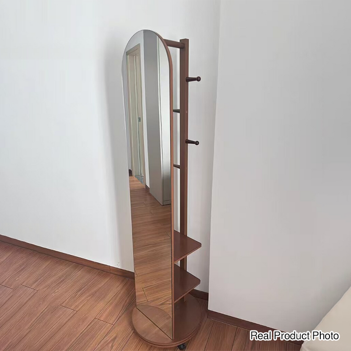 Modern Minimalist Rectangular Solid Wood Rotatable Movable Hall Tree With Mirror &amp; 3-Tier Storage For Bedroom &amp; Entryways