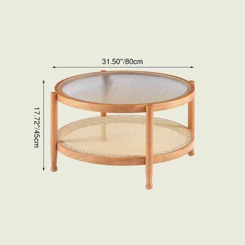 Table basse ronde minimaliste moderne en hévéa avec plateau en verre et faux rotin, à 2 niveaux, pour salon 