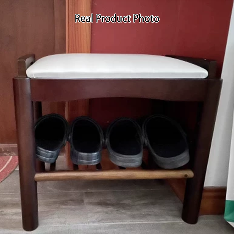 Traditional Rustic Rectangular Solid Wood PU Leather Sponge Shoe Bench Backless Armrest 2-Tier For Entryway