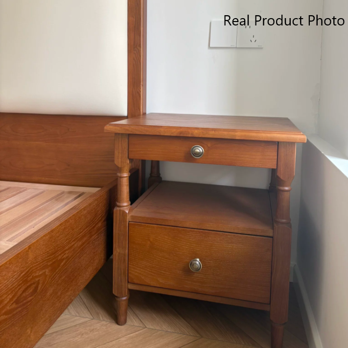 Table de nuit rectangulaire traditionnelle en bois de frêne français à 2 tiroirs et 2 niveaux pour chambre 