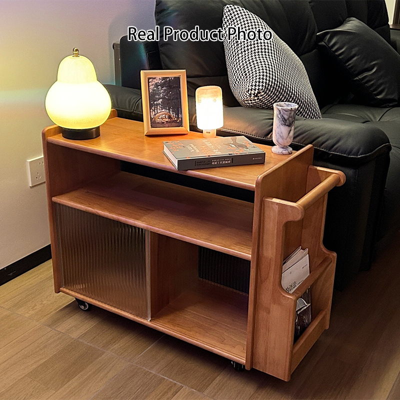 Contemporary Creative Rectangular Handcart-Shaped Glass Solid Wood Side Table 3-Tier For Bedroom