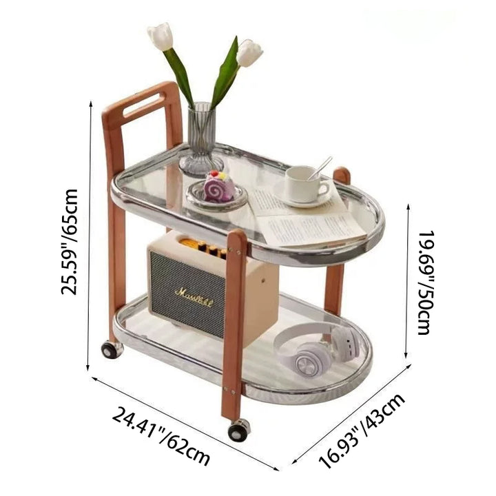 Traditioneller japanischer abnehmbarer ovaler Beistelltisch aus Kautschukholz, Eisen und Glas, 2-stöckig, für das Wohnzimmer 