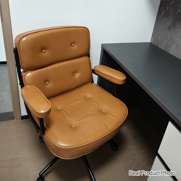 Contemporary Scandinavian Rotatable Rectangular Metal PU &amp; Genuine Leather Sponge Liftable Desk Chair Backrest Armrest For Home Office