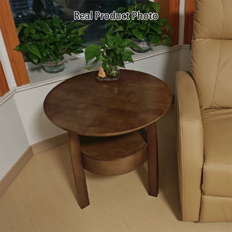 Modern Minimalist Solid Rubberwood &amp; Plywood Round Side Table With Drawer &amp; 2-Tier Storage For Living Room &amp; Bedroom
