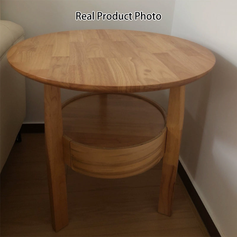 Modern Minimalist Solid Rubberwood &amp; Plywood Round Side Table With Drawer &amp; 2-Tier Storage For Living Room &amp; Bedroom