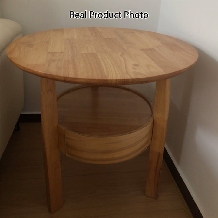 Modern Minimalist Solid Rubberwood &amp; Plywood Round Side Table With Drawer &amp; 2-Tier Storage For Living Room &amp; Bedroom