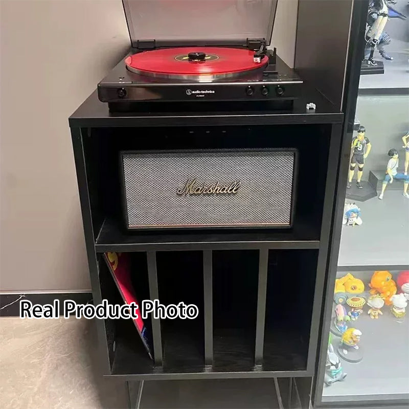 Moderner minimalistischer rechteckiger Schallplatten-Aufbewahrungsschrank aus Spanplatte und Metall, 2 Ebenen, für das Wohnzimmer 