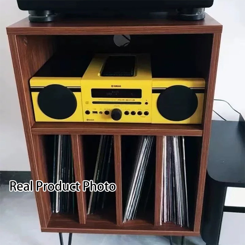 Moderner minimalistischer rechteckiger Schallplatten-Aufbewahrungsschrank aus Spanplatte und Metall, 2 Ebenen, für das Wohnzimmer 