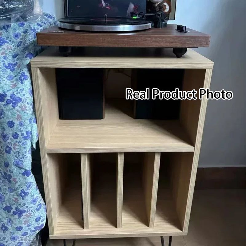 Moderner minimalistischer rechteckiger Schallplatten-Aufbewahrungsschrank aus Spanplatte und Metall, 2 Ebenen, für das Wohnzimmer 
