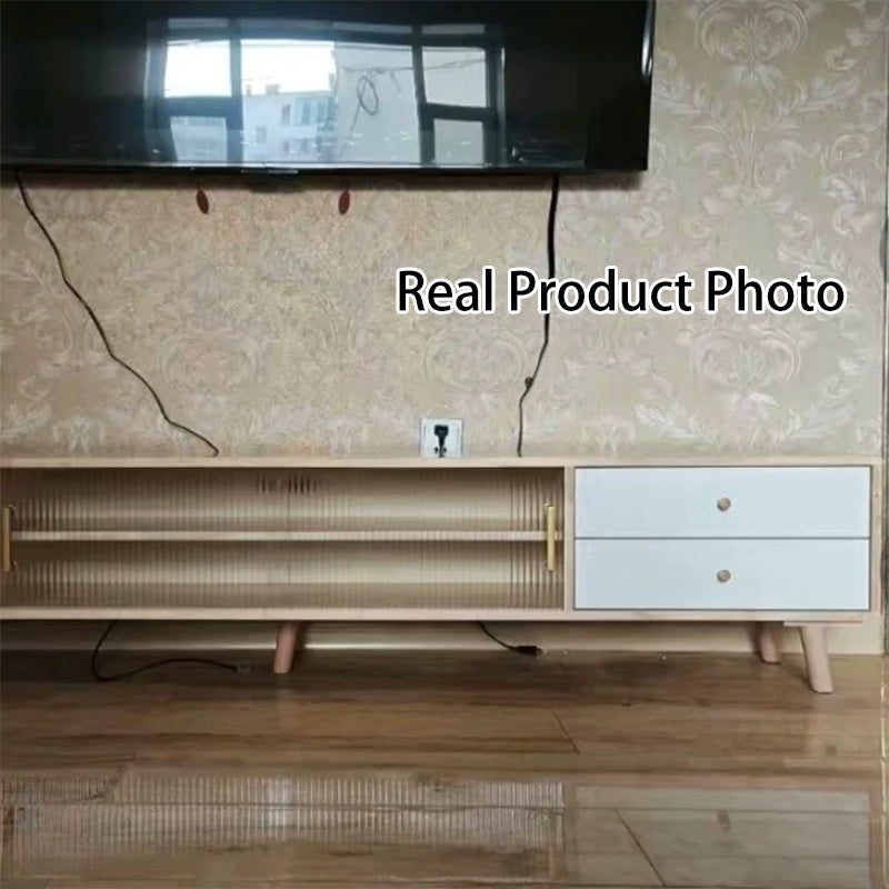 Moderner minimalistischer rechteckiger TV-Ständer aus Gummibaumholz, umweltfreundlichem Holzwerkstoff, Sperrholz und Glas mit 2 Schubladen für das Wohnzimmer 